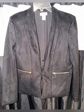 CARMEN Black Suede-Look Open Blazer with Gold Zippers